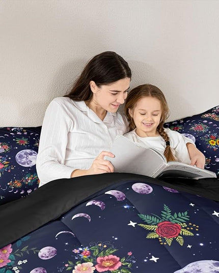 Sun and Moon Kids Comforter Set Queen Size,Starry Sky Galaxy Trippy Bedding Set,Boys Girls Adults Room Decor,Flowers Boho Exotic Retro Down Comforter,Colorful Mystical Duvet Insert,2 Pillowcases