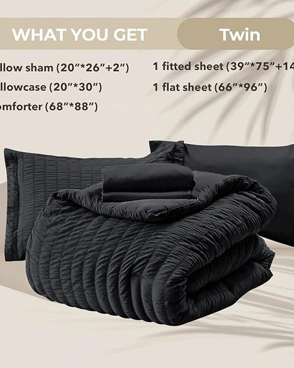 HYMOKEGE Black Twin Comforter Set Seersucker 5 Pieces, All Season Luxury Bed in a Bag for Bedroom, Bedding Set with Comforters, Sheets, Pillowcase & Sham