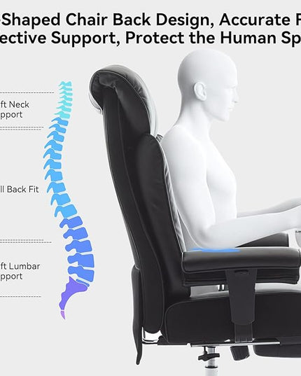 Efomao Ergonomic Office Chair 450LBS with Foot Rest, High Back PU Leather Executive Office Chair with Adjustable Armrests, Lumbar Support for Home or Work, Computer Chair, Black