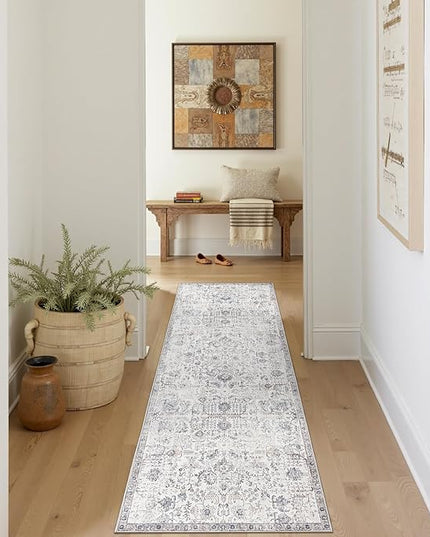 jinchan Kalen Runner Rug 2x7 Washable Hallway Rug Vintage Indoor Thin Retro Floor Cover Distressed Gray Floral Country Lightweight Non Slip Carpet for Entryway Bathroom Bedroom Living Room Grey