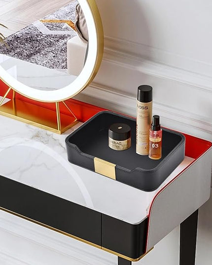 Luxury Leather Valet Tray Desktop Storage Organizer,Bedside Vanity Catchall Tray Nightstand Caddy Holder for Cosmetic,Jewelry,Watch,Keys,Phone,Wallet,Remote Controller,Pen,Black