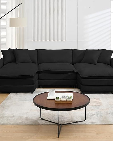 Modular Sectional Sofa,108.27'' Modern Sleeper Sofa Couch with 3 Seat & 2 Ottoman & 3 Pillows Sofa Set, Cloud Couches with Movable Ottoman Deep Seat Couch for Living Room, Chenille (Black, U Shaped)