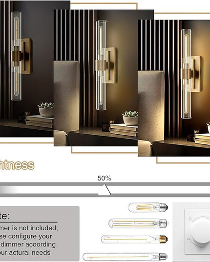 YUYI Wall Sconce, 22.8'' Brass Sconce Wall Lighting, Gold Bathroom Wall Light Fixture with Clear Glass Shade, Indoor Wall Sconce for Bathroom Vanity, Living Room, Bedroom, Hallway, Fireplace