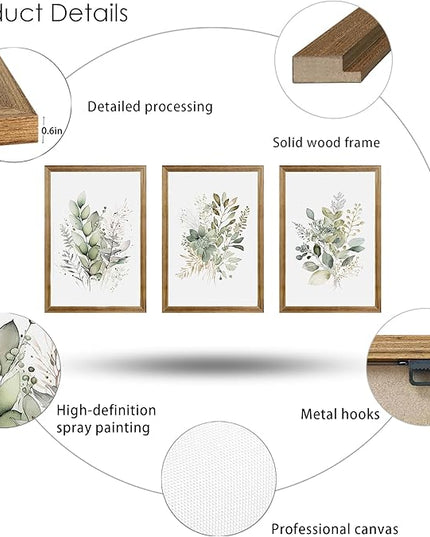 WRFON Watercolor Botanical Wall Art Set of 3 Boho Sage Green Wildflower Canvas Wall Art Prints Modern Floral Wall Decor for Bedroom Living Room Bathroom Decorations Wood Framed 12x16 Inches