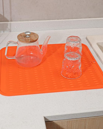 Silicone Dish Drying Mat for Multiple Usage,Easy clean,Eco-friendly,Heat-resistant Silicone Mat for Kitchen Counter or Sink,Refrigerator or Drawer Liner Orange XL 18 inches x 16 inches
