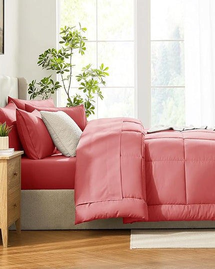 CozyLux Full Size Comforter Sets Coral, 7 Pieces Bed in a Bag, Coral Comforter Full Size, All Season Bedding Sets with Stitch Quilted Comforter, Flat Sheet, Fitted Sheet, Pillowcases