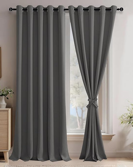 JIUZHEN Dark Grey Blackout Curtains with Tiebacks Thermal Insulated, Light Blocking and Noise Reducing Grommet Curtains for Bedroom and Living Room, Set of 2 Window Curtain Panels, 60 x 96 Inch Length