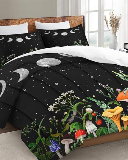 Full Size Comforter Set with 2 Pillowcases, Mushroom Plant Floral 3 Pcs Bedding for Kids and Adults, Flower Summer Moon Night Soft Comforter Set for Bedroom Bed Decor