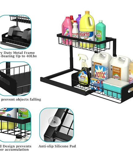 REALINN Under Sink Organizer, Pull Out Cabinet Storage 2 Tier Slide Out Sink Shelf, Kitchen Organizers and Storage, Black, 1 Pack
