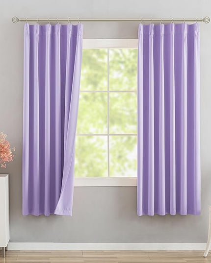 DONREN Lavender Purple Pinch Pleated Blackout Curtains with Hooks - 63 inch Length Room Darkening Thermal Insulated Short Window Curtain Panels for Bathroom Girls Room 2 Panel 40" Wx63 L