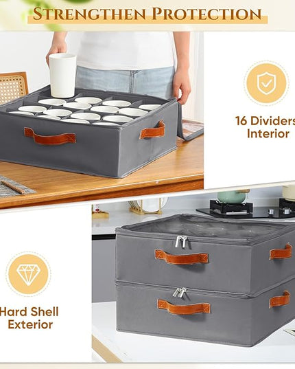 2 Pack Coffee Mug Storage Box with Dividers, Stackable China Storage Containers with Lid, Zipper, and Handles for 32 Mugs and Cups, Mug Storage Organizer for Packing & Moving, Gray