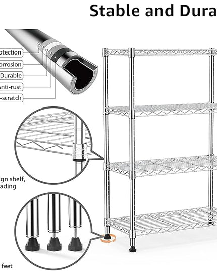 1000 lbs Storage Shelving 4-Tier Utility Shelving Unit Steel Organizer Wire Rack for Home,Kitchen,Office,Chrome (13.7" D x 23.6" W x 53.4" H)