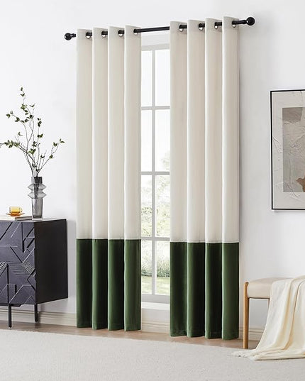 BULBUL Color Block Window Curtains Panels 84 inches Long Cream Ivory Green Velvet Farmhouse Drapes for Bedroom Living Room Darkening Treatment with Grommet Set of 2