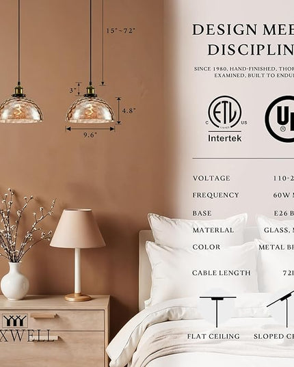 Modern Glass Pendant Light, 9.6"x4.8" Amber Ribbed Globe Light Fixture with Gold Cap, 15"-72" Adjustable Cord, E26 Socket for Dining or Lounge Areas – Sunrise Glow Bell