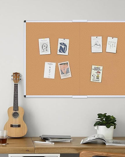 VIZ-PRO Cork Bulletin Board/Foldable Noticeboard, 48 X 36 Inches, Silver Aluminium Frame