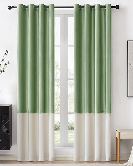 BULBUL Color Block Window Curtains Panels 90 inches Long Sage Green Ivory Velvet Farmhouse Drapes for Bedroom Living Room Darkening Treatment with Grommet Set of 2