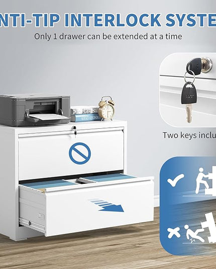 File Cabinets 2 Drawer, Metal Office Storage Filing Cabinet with Lock, White Lateral Filing Cabinet for Home Office,Horizontal Two Drawer File Cabinets for Legal/Letter,Assembly Require,White
