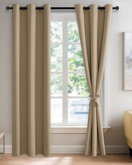 JIUZHEN Blackout Curtains with Tiebacks - Thermal Insulated, Light Blocking and Noise Reducing Grommet Curtains for Bedroom and Living Room, Set of 2 Window Curtain Panels, 42 x 84 Inch Length，Camel