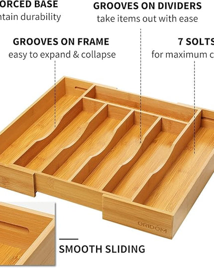 2-Piece Bamboo Silverware Organizer, Expandable Kitchen Drawer Organizer for Cutlery and Utensils, Multifunction Adjustable Bamboo Wood Cutlery Tray in Drawer for Flatware, (Natural)