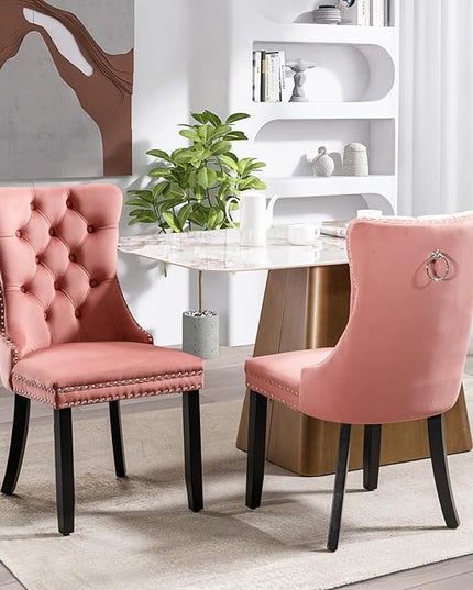SoarFlash Velvet Dining Chairs Set of 2, Tall Back Side Chair, Modern Upholstered High-end Tufted Side Chair with Button Back Ring, Solid Wood Legs (Pink)
