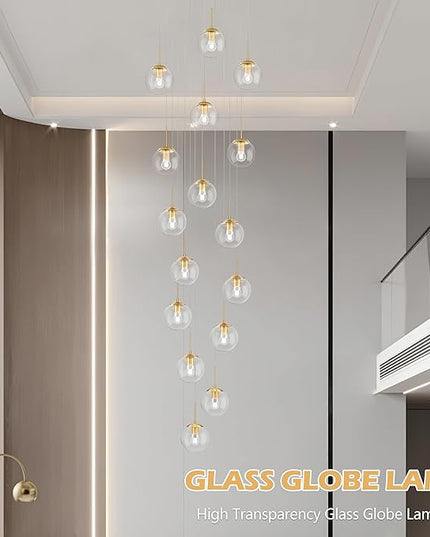 KoKo&Yukina 16-Light Gold Mid Century Modern Chandelier for Living Room Staircase Chandelier for Entryway Clear Globe Glass Chandelier High Ceiling Chandeliers Foyer Entryway (Bulb & Remote Incl.)