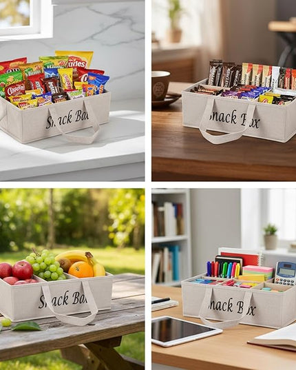Snack Organizer for Countertop, Fabric Snack Organizer with Handle, 6 Compartment Snack Tray Snack Basket Container, Foldable Picnic Basket, Kitchen Pantry Organizer and Storage-Khaki Stripe