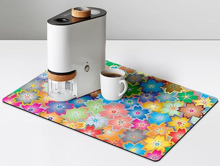 Coffee Mat for Kitchen Counter - Hide Stain Absorbent Dish Drying Mat, Rubber Coffee Bar Mats, Drying Pads, Accessories Fit Under Tea Pot, Cafe Maker, Espresso Machine, Dish Rack, 19"x12", Flowers