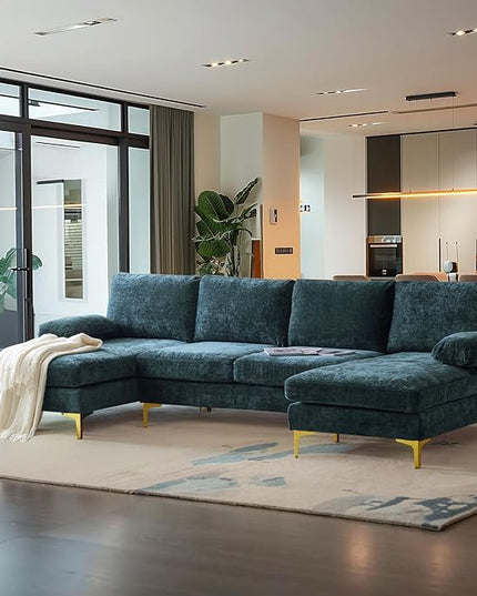 VINGLI 110" Large U-shape Sectional Sofa Couch with 51"D Double Chaise for Living Room, Modern Sectional Couch Set with Soft 5.9" Thickness Seating Padding, Chenille Fabric ,Metal Gold Legs(Rich Cyan)