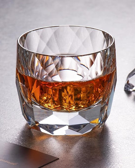 KAMMAK Crystal Whiskey Glasses Set of 2, 7.1oz Old Fashioned Glasses Stemless, Hand Blown White Cocktail Glasses, Luxury Handcrafted Cut Ice Ball Cup for Women, Perfect Men Gift for Bourbon