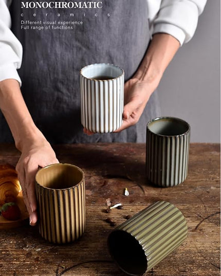 Stoneware Coffee Bar Utensil Holder Tea & Coffee Spoon & Stirrer Holder for Stir Stick Straw Teaspoon Holder Spoon Cup Small Utensil Jar Fluted Vertical Stripe (Retro Green)
