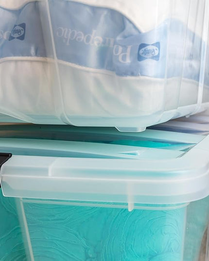 IRIS USA 94 Qt Stackable Plastic Storage Bins with Lids, 4 Pack - BPA-Free, Made in USA - See-Through Organizing Solution, Latches, Durable Nestable Containers, Secure Pull Handle - Clear