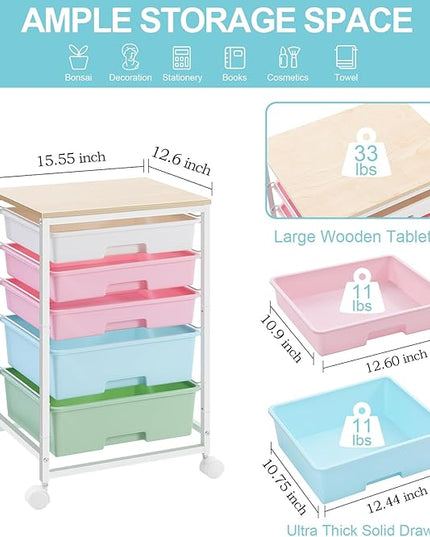 Utility Cart with 5 Drawers,Storage Drawer Cart with Wooden Tabletop and Lockable Wheels,Craft Storage Trolley Cart,5-Tier Rolling Utility Cart on Wheels,Rainbow
