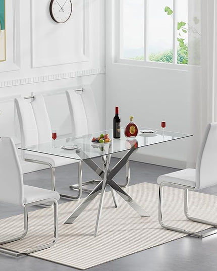 HomVent 5 Pieces Rectangular Glass Dining Table Table Set, Glass Kitchen Table Set for 4 with 4 PU Dining Chairs for Kitchen Dining Room