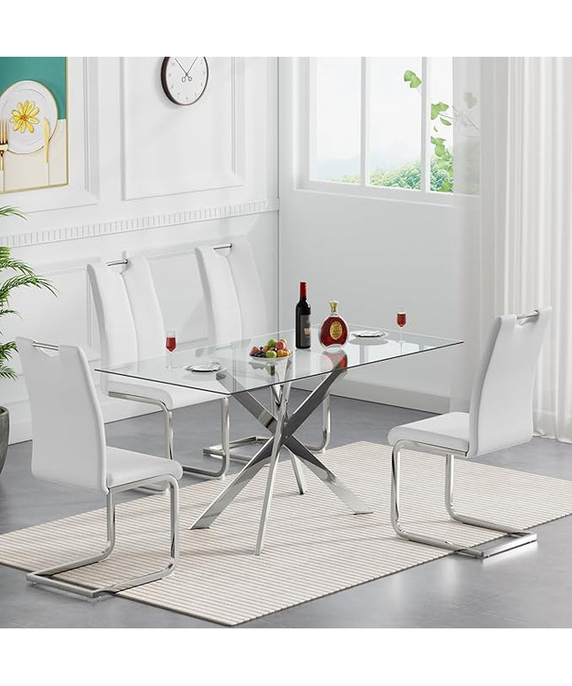 HomVent 5 Pieces Rectangular Glass Dining Table Table Set, Glass Kitchen Table Set for 4 with 4 PU Dining Chairs for Kitchen Dining Room