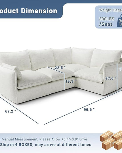 Cloud Modular Sectional Sofa, Waterproof Down Filled Sectional Sofas, High Backrest 4 Seater Sectional Couches for Living Room, Modern Modular Couch with Removable Cover, Cream White