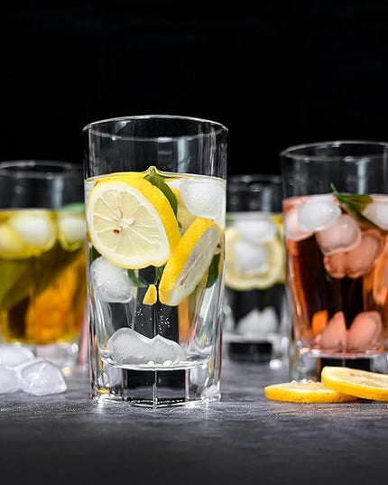 Le'raze Set of 4 Everyday Drinking Glasses - Square Tall Glass Cups Drinkware Kitchen Collins Glasses for Cocktail, Iced Coffee, Beer, Ice Tea, Wine, Whiskey, Water Glassware Sets