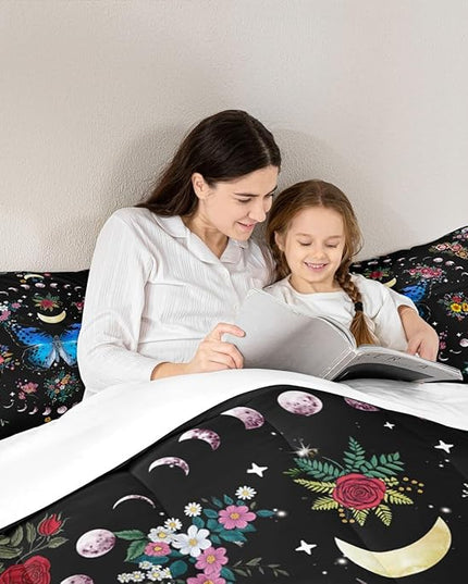 Sun and Moon Kids Comforter Set Queen Size,Starry Sky Galaxy Planet Trippy Bedding Set,Boys Girls Adults Room Decor,Butterfly Flowers Boho Exotic Down Comforter,Colorful Duvet Insert,2 Pillowcases