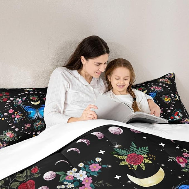 Sun and Moon Kids Comforter Set Queen Size,Starry Sky Galaxy Planet Trippy Bedding Set,Boys Girls Adults Room Decor,Butterfly Flowers Boho Exotic Down Comforter,Colorful Duvet Insert,2 Pillowcases