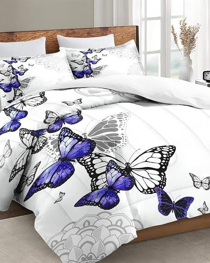 Full Size Comforter Set with 2 Pillowcases, Summer Spring Purple Butterfly 3 Pcs Bedding for Kids and Adults, Abstract Circular Mandala Floral Soft Comforter Set for Bedroom Bed Decor