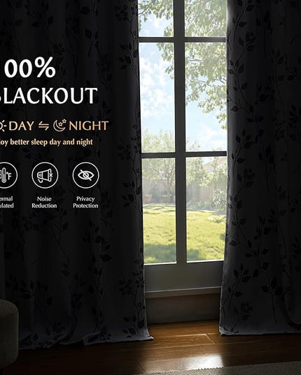 Beauoop Floral 100% Blackout Curtains 84 Inches Long 2 Panels for Bedroom Living Room Grey White Flower Patterned Room Darkening Thermal Insulated Soundproof Grommet Window Treatments Drapes, 52X84