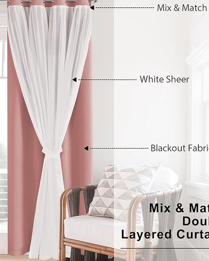Hiasan Double Layer Blackout Curtains with Sheer Overlay, Extra Long Mix & Match Thermal Insulated Grommet Window Curtains for Bedroom, Living Room, 2 Panels with Tiebacks,Dusty Rose, 52W X 108L