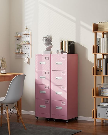 METAN 4 Drawer File Cabinet on Wheels, Lockable Metal Filing Cabinet with Handle and Name Card for Office Home,Assembly Required,Pink