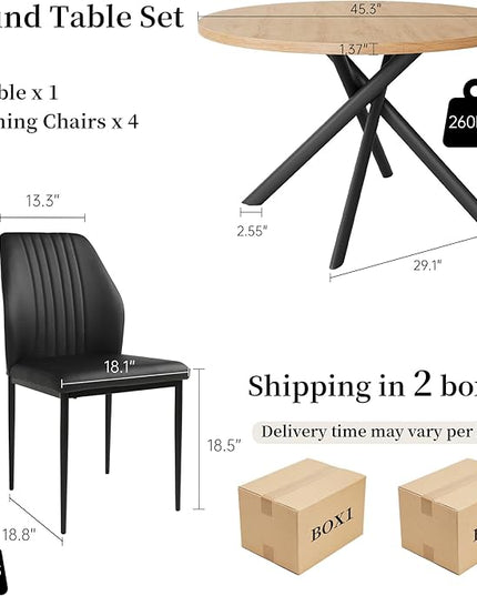 45.3 Inch Round Dining Table Set for 4, Mid Century Modern Small Kitchen Coffee Set for Dining Room Kitchen Apartment (Oak Table + 4 Black Chairs)