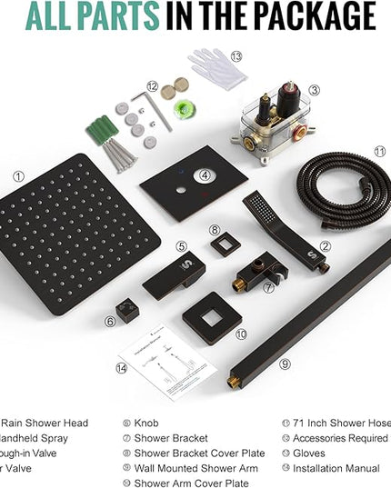 SR SUN RISE ORB Square Rainfall Shower Head and Handle Set, Wall Mounted Shower Fixtures, Metal Shower Faucet Trim Repair Kits (With Shower Valve) 10 Inches
