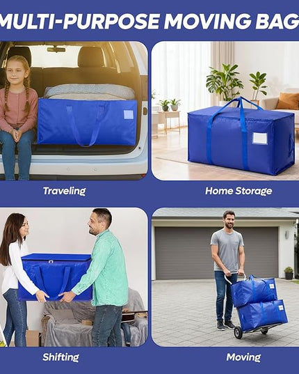 4 Pack Extra Large Moving Bags with Strong Zipper & Handles - Heavy Duty Clothes Storage Tote Bins - Moving Boxes for Space Saving, College Supplies with Drawstring bag