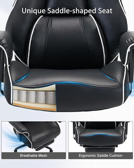 DJ·Wang Big and Tall Office Chair with Foot Rest, High Back Executive Office Chair PU Leather, Ergonomic Chairs with Lumbar Support, 135° Reclining Chairs with Thickened Spring Cushion Black
