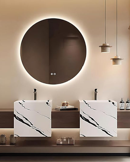 76IN Bathroom Vanity - Double Sink Bathroom Vanities with 3 Drawers, Include Smart Mirror with LED Lights & Defogging Function | Solid Wood Bathroom Cabinet with Open Style Shelves, Brown+White