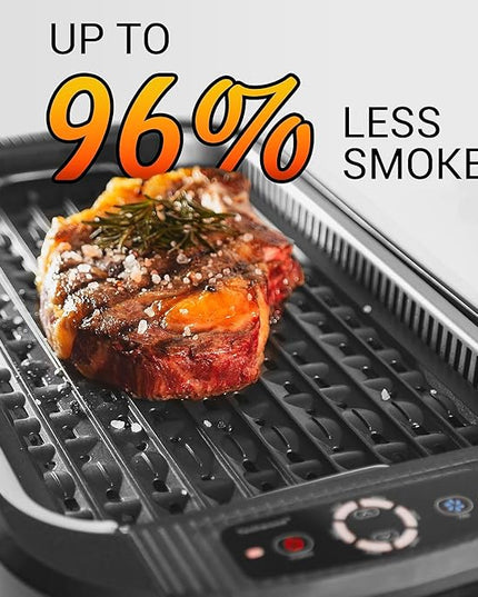 Indoor Smokeless Grill, Techwood 1500W Electric Indoor Grill with Tempered Glass Lid, Portable Non-stick BBQ Korean, Turbo Smoke Extractor Technology, Drip Tray& Double Removable Plate, Black