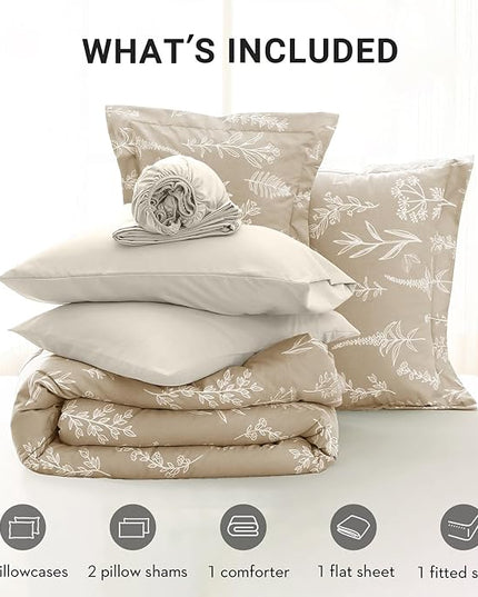 MUXHOMO Taupe Full Comforter Set, Elegant Floral Print Bed in a Bag 7 Pieces, Ultra Soft & Breathable Reversible Botanical Pattern Bedding Set with Comforter, Sheets, Pillowcases, and Shams