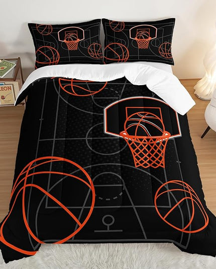 Basketball Court Print Queen Comforter Set for Boys,Ball Sports Games Bedding Set for Teens Kids Bedroom Decor,Orange Basketball Comforter Sets with 2 Pillowcases.